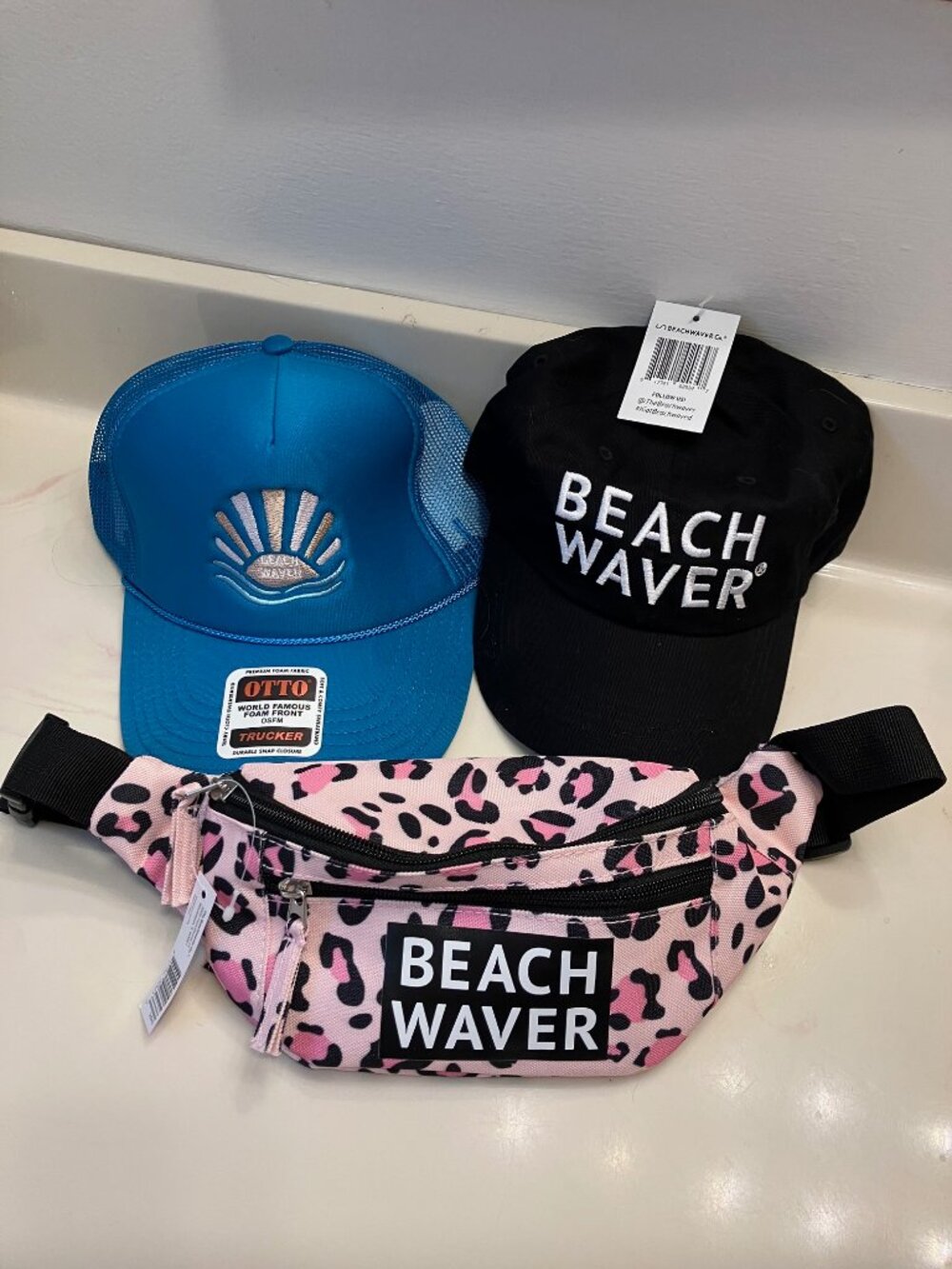 New Beachwaver Blue Hat & Black Hat and Pink/Black Fanny Pack